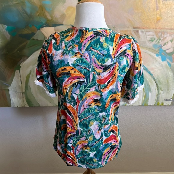 Chico's Linen Fringe Elbow Sleeve Tropical Banana Print Tee Top 00 xs - Picture 6 of 16